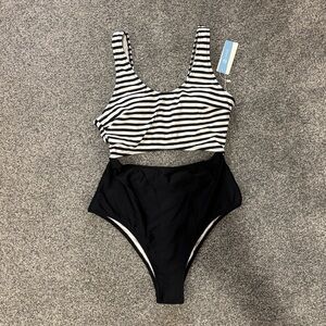 Striped Black & White One-Piece Swimsuit